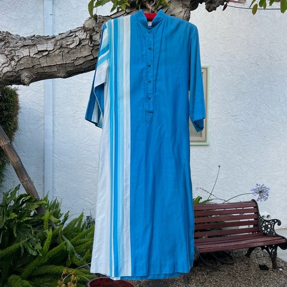 Vtg 70s Catherine Ogust Blue White Stripe Cotton Caftan Dress | Mandarin Collar - Picture 3 of 15